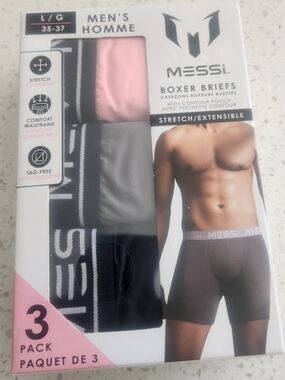 MESSI Men’s 3-Pack Boxer Briefs — Pink, Gray & Black. Size L. NEW